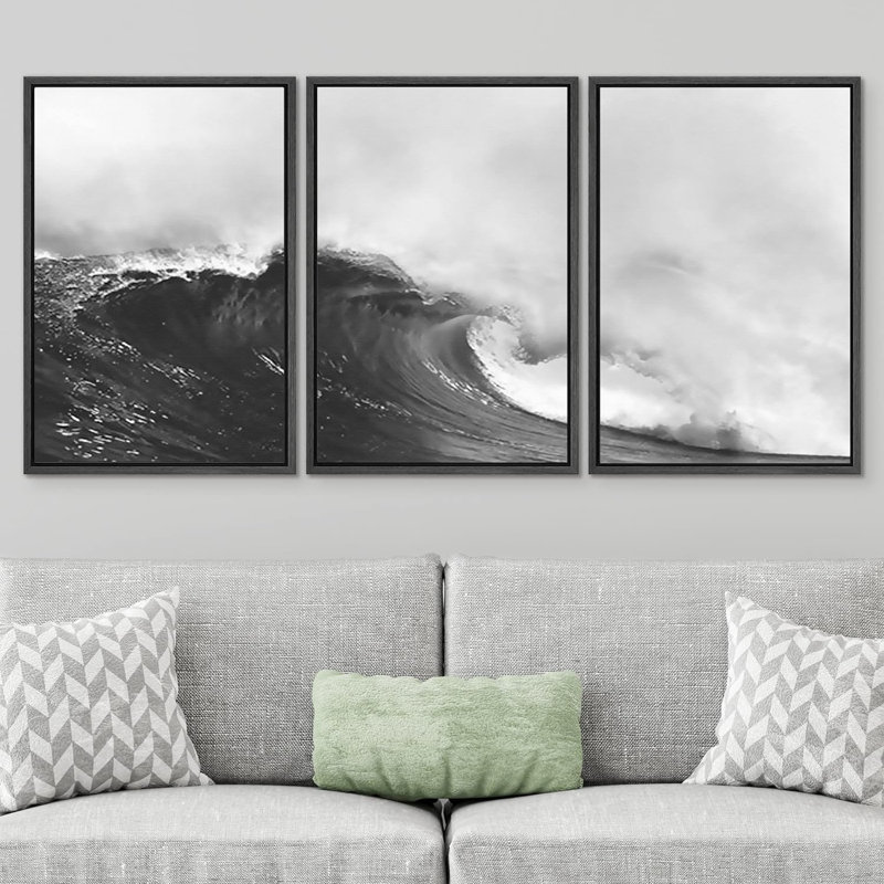 3 Panels Ink Canvas Print top Black White Beige Wave Splash Abstract Art Wall Decor Oversized Reay to Hang